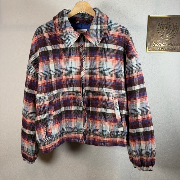 We The Free Free People Plaid Bomber Jacket Blue Orange Zip OB2421087 Womens L
